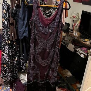 FA Women's Beaded Midi Dress in Deep Plum and Black Fringe